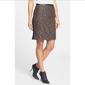 NWT BOSS Hugo Boss Mernilla Tweed Pencil Skirt Black Tan Vegan Leather Trim 8